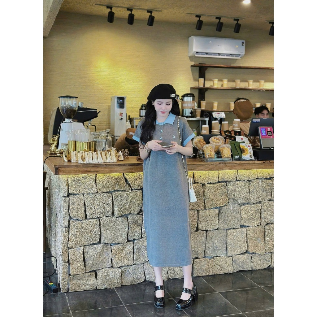 Đầm thun có cổ cộc tay bigsize bầu chubby basic đơn giản mặc nhà chơi Váy polo dáng dài suông form rộng phối viền T1348G