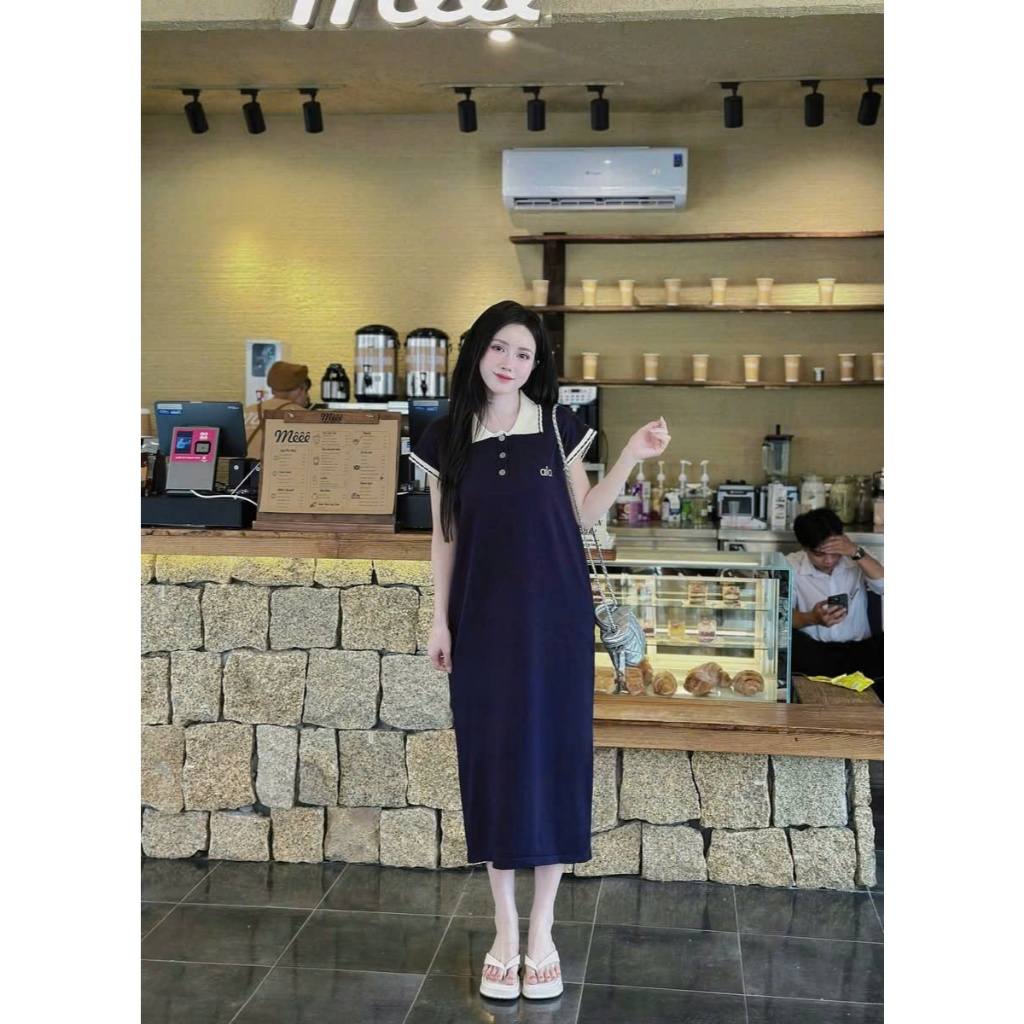 Đầm thun có cổ cộc tay bigsize bầu chubby basic đơn giản mặc nhà chơi Váy polo dáng dài suông form rộng phối viền T1348G