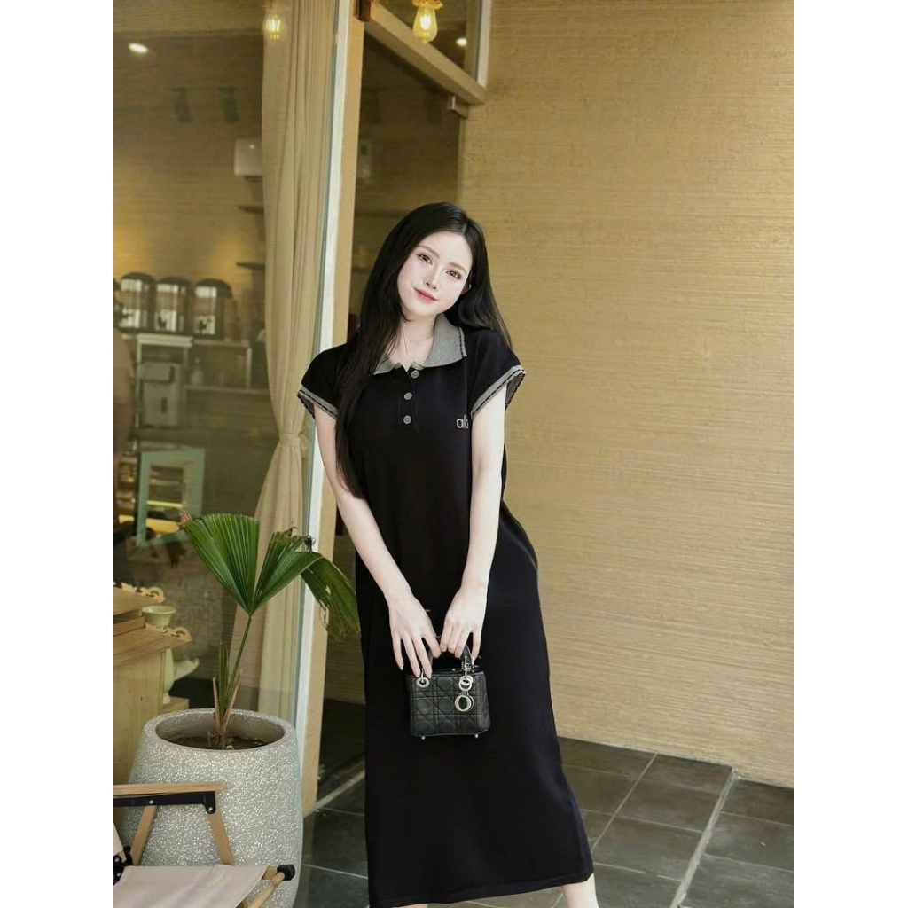 Đầm thun có cổ cộc tay bigsize bầu chubby basic đơn giản mặc nhà chơi Váy polo dáng dài suông form rộng phối viền T1348G