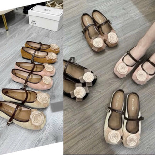 Giày bệt và Sục chất Da Lộn gắn bông hoa lụa quai ngang mũi tròn xinh