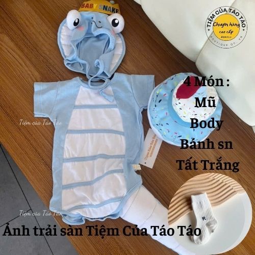 Tặng tất- Bodysuit Rắn- Bé Na Kèm Bánh, Mũ đội vương miệng cho bé mặc đầy tháng,đuôi dài, chụp ảnh đẹp cho bé 5-13kg
