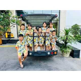 Áo sơ mi đi biển nam nữ vải kate thái mát mẻ họa tiết lá môn vàng xanh size 6kg đến hơn 100kg