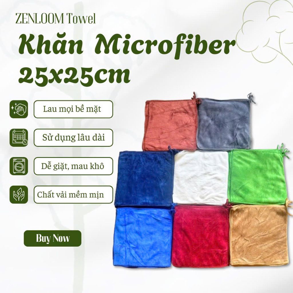 Combo 10 Khăn lau microfiber 25x25cm đa năng – lau xe ô tô, nhà bếp, kính, tay – spa không rụng lông, siêu thấm