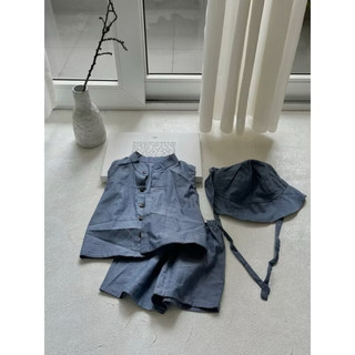 Set Áo Khoác Ngắn + Quần Short + Mũ Vải Linen Bé Trai màu xanh