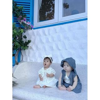 Set Áo Khoác Ngắn + Quần Short + Mũ Vải Linen Bé Trai màu xanh