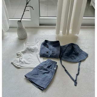 Set Áo Khoác Ngắn + Quần Short + Mũ Vải Linen Bé Trai màu xanh