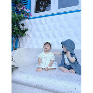 Set Áo Khoác Ngắn + Quần Short + Mũ Vải Linen Bé Trai màu xanh