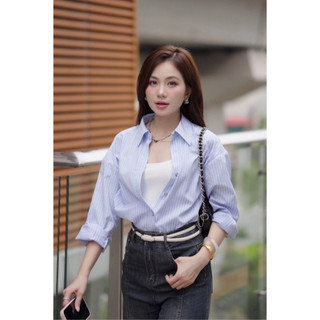 Áo sơ mi dáng rộng đính hạt phối họa tiết kẻ sọc LA472