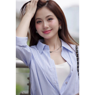 Áo sơ mi dáng rộng đính hạt phối họa tiết kẻ sọc LA472