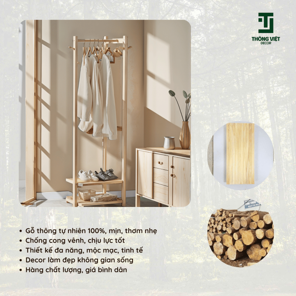 [TV-K001]Kệ Treo Quần Áo Gỗ Tự Nhiên Đa Năng Gọn Nhẹ, Gỗ Thông Tự Nhiên, Chắc Chắn Có Kệ Để Giày Túi Xách