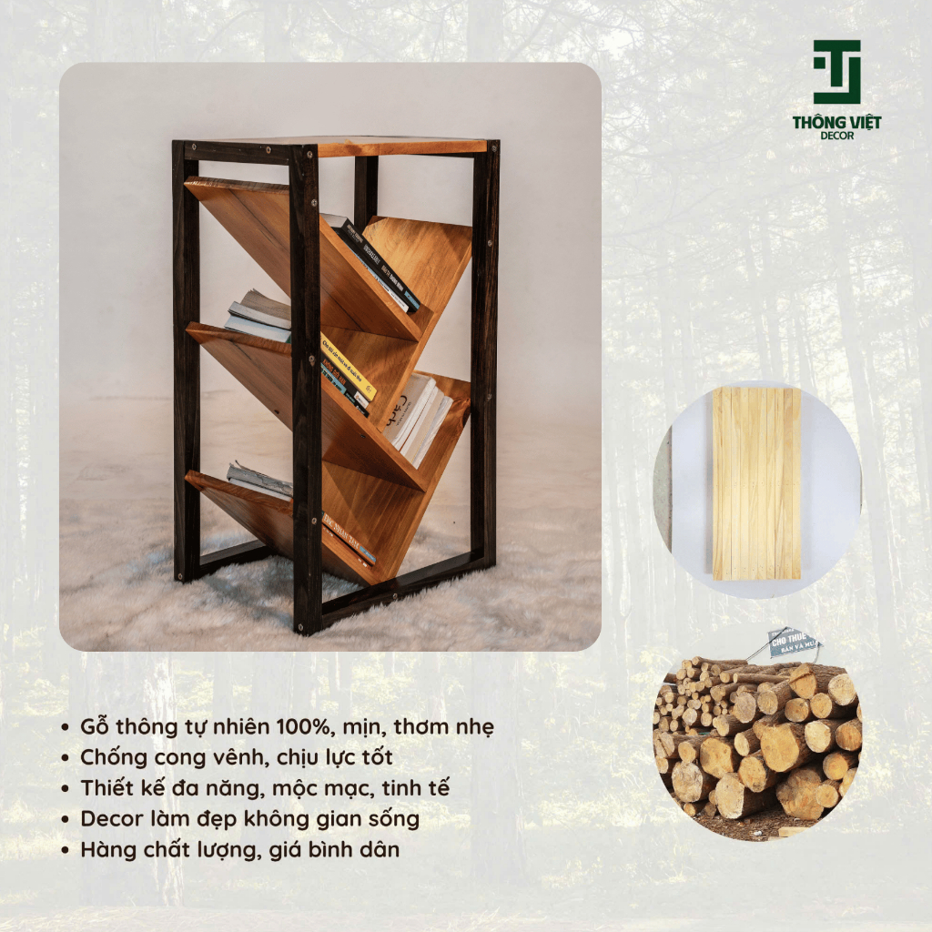 [TV-D018]Kệ Sách Xương Cá 3 Tầng, Kệ Gỗ Thông Tự Nhiên, Khoan Sẵn Lỗ, Đủ Vít, Lắp Dễ Dàng