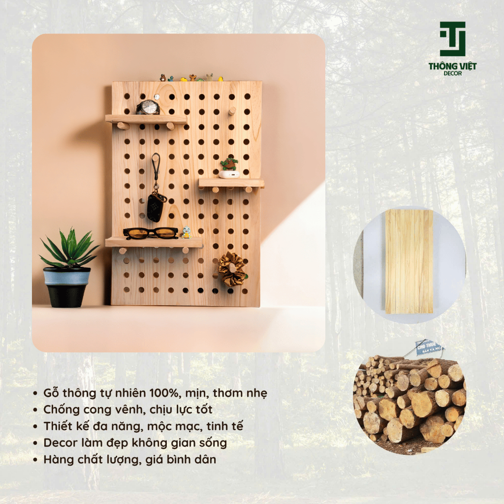 [TV-D010]Bảng Gỗ Trang Trí Để Ảnh, Giá Gỗ Decor Pegboard Treo Tường Đa Năng Kèm Kệ Mini
