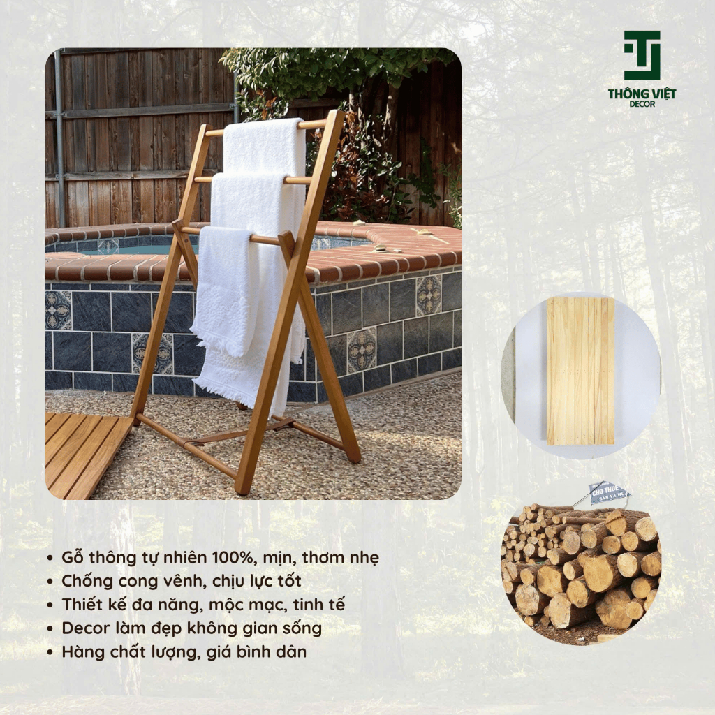 [TV-K008] Giá treo khăn chữ a 3 tầng Thông Việt Decor gỗ thông tự nhiên, thiết kế đơn giản thanh lịch