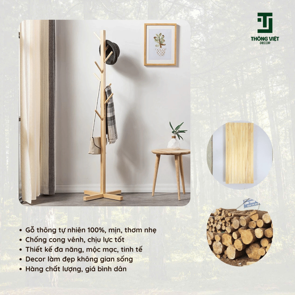 [TV-K011]Cây Treo Quần Áo, Giá Treo Đồ Túi Sách Đứng Chắc Chắn Chất lượng Cao Gỗ Tự Nhiên 7 Nhánh