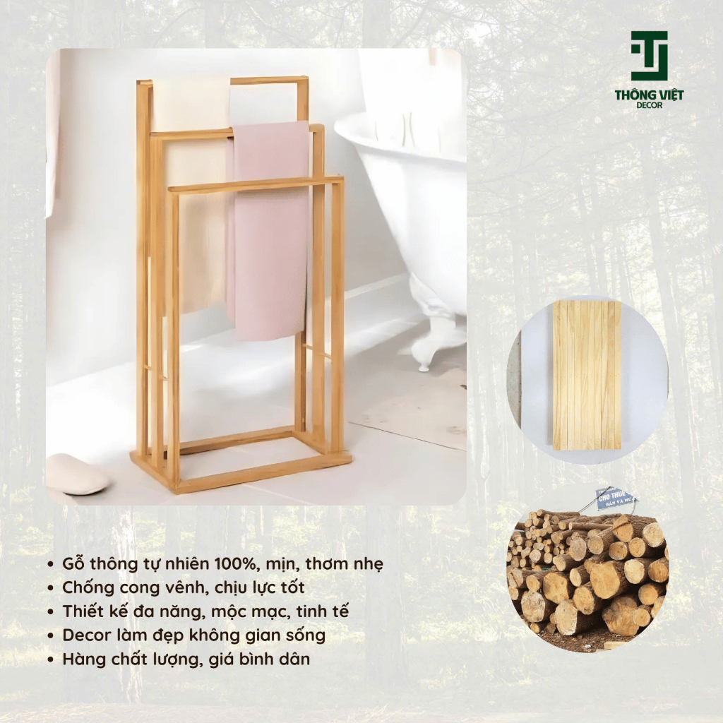 [TV-K009]Kệ treo khăn 3 tầng gỗ thông tự nhiên Thông Việt Decor Sang trọng – Tiết kiệm diện tích