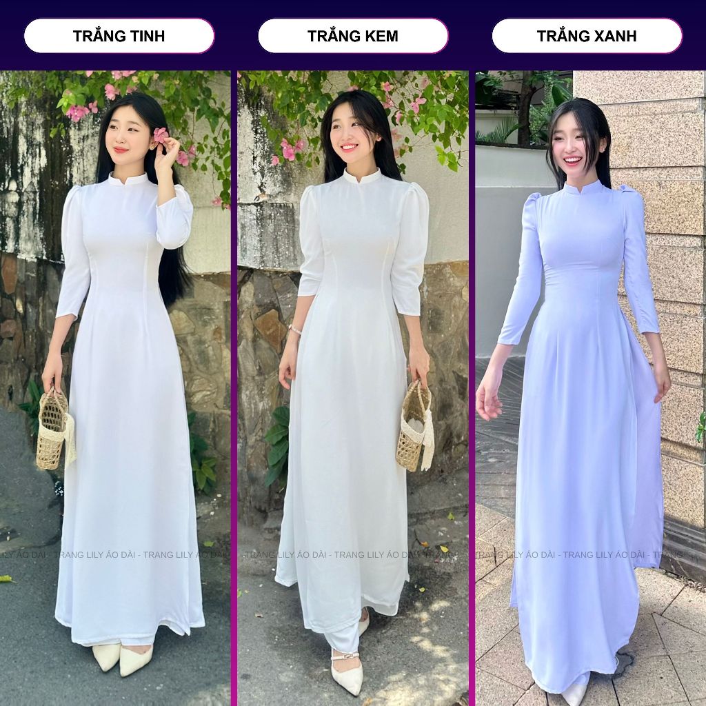 Áo dài trắng học sinh, vai bồng, tay phồng lỡ, lụa Mỹ cao cấp, đồng phục học sinh cấp 3 - Trang Lily Áo Dài