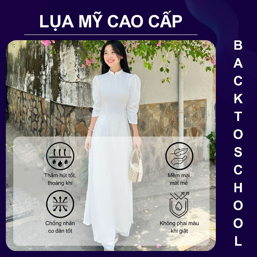 Áo dài trắng học sinh, vai bồng, tay phồng lỡ, lụa Mỹ cao cấp, đồng phục học sinh cấp 3 - Trang Lily Áo Dài