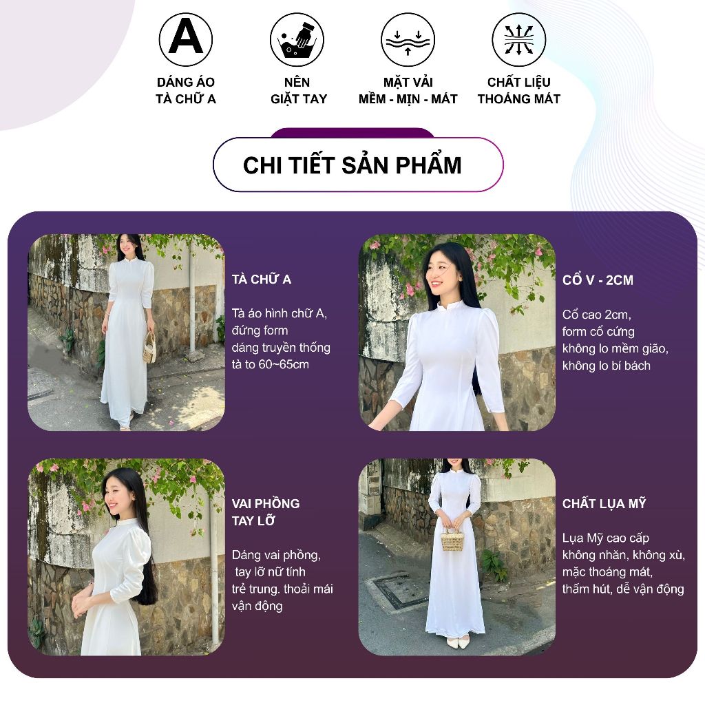 Áo dài trắng học sinh, vai bồng, tay phồng lỡ, lụa Mỹ cao cấp, đồng phục học sinh cấp 3 - Trang Lily Áo Dài