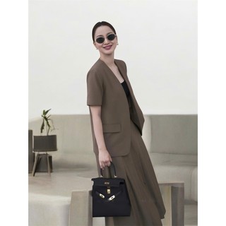 [TẶNG KÈM ĐAI] VT250341 - Set Bộ Vest Nữ Công Sở Áo Blazer Tay Ngắn + Chân Váy Dài Xếp Ly Dáng Suông