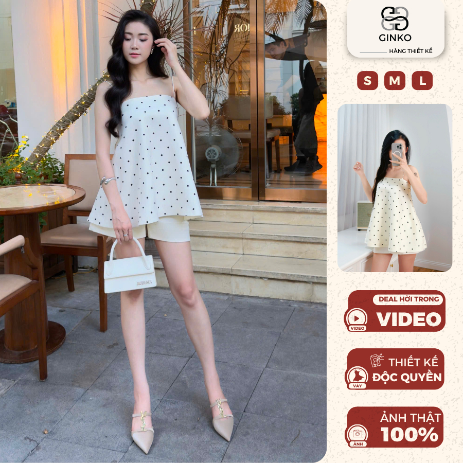 Áo hai dây dáng A chấm bi form babydoll xoè nhẹ tiểu thư GINKO CLOTHING