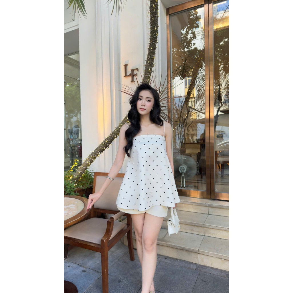 Áo hai dây dáng A chấm bi form babydoll xoè nhẹ tiểu thư GINKO CLOTHING