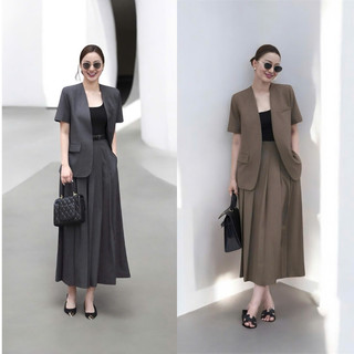[TẶNG KÈM ĐAI] VT250341 - Set Bộ Vest Nữ Công Sở Áo Blazer Tay Ngắn + Chân Váy Dài Xếp Ly Dáng Suông