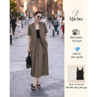 [TẶNG KÈM ĐAI] VT250341 - Set Bộ Vest Nữ Công Sở Áo Blazer Tay Ngắn + Chân Váy Dài Xếp Ly Dáng Suông