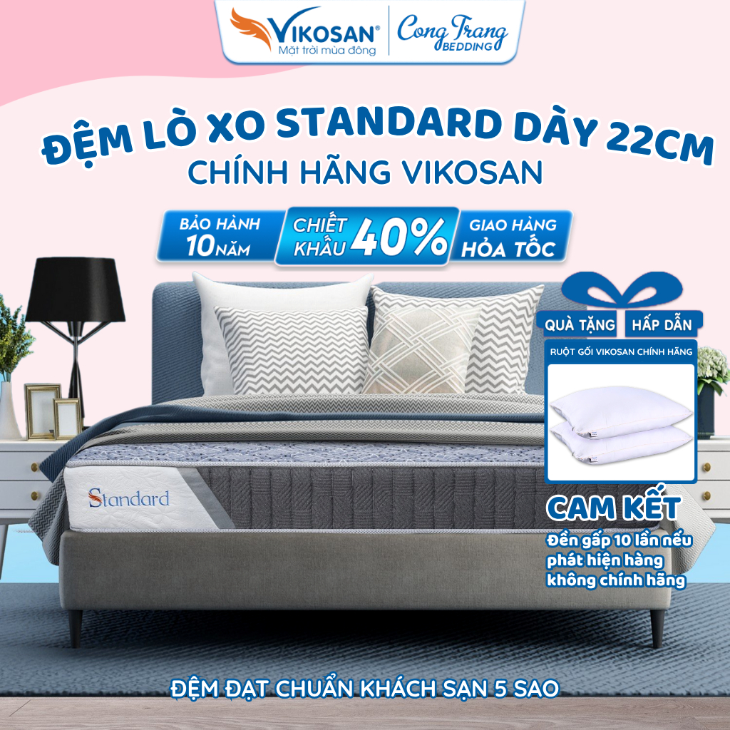 Đệm Lò Xo Standard Vikosan Dày 22cm, Nệm Lò Xo Siêu Êm Ái - BH 5 Năm
