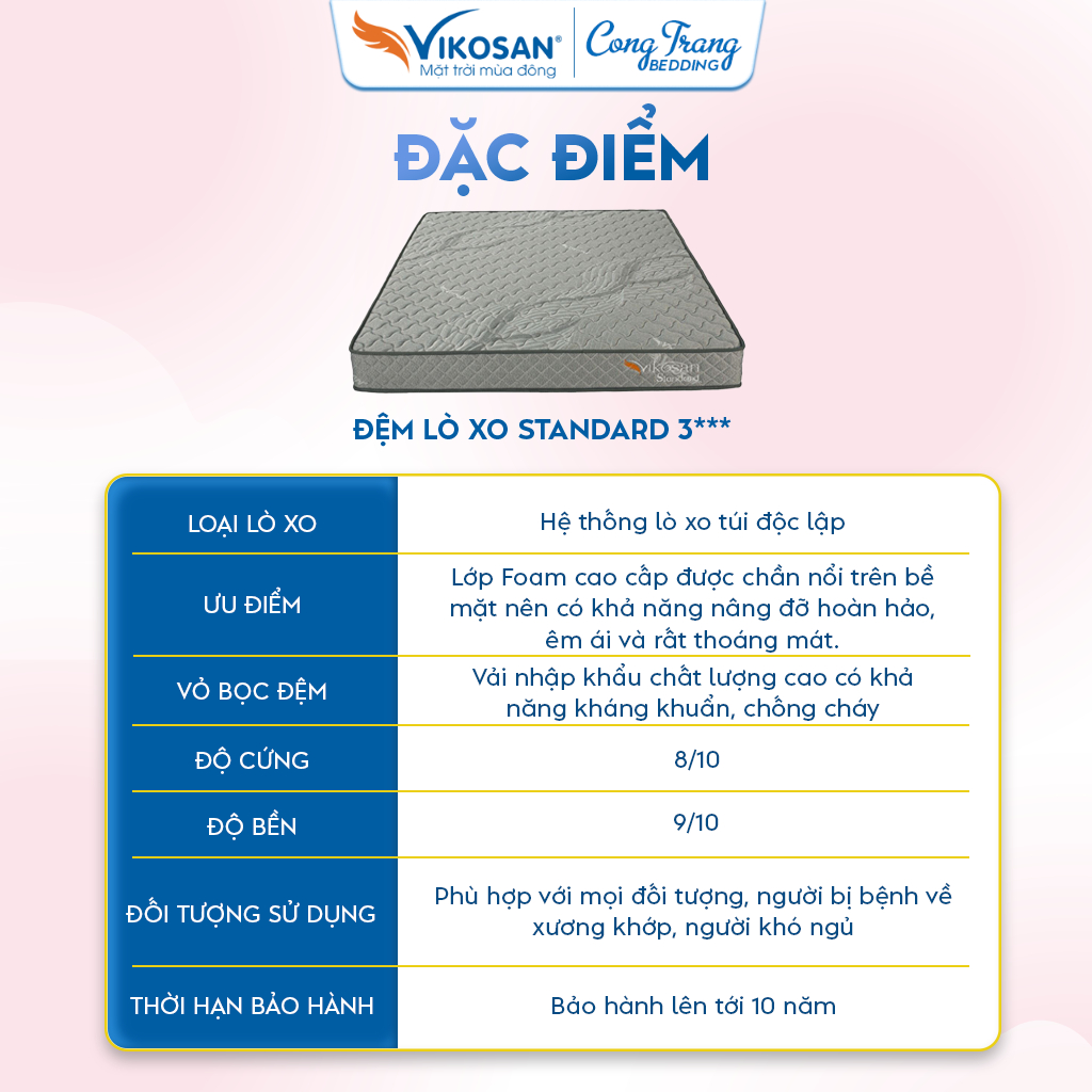 Đệm Lò Xo Standard Vikosan Dày 22cm, Nệm Lò Xo Siêu Êm Ái - BH 5 Năm