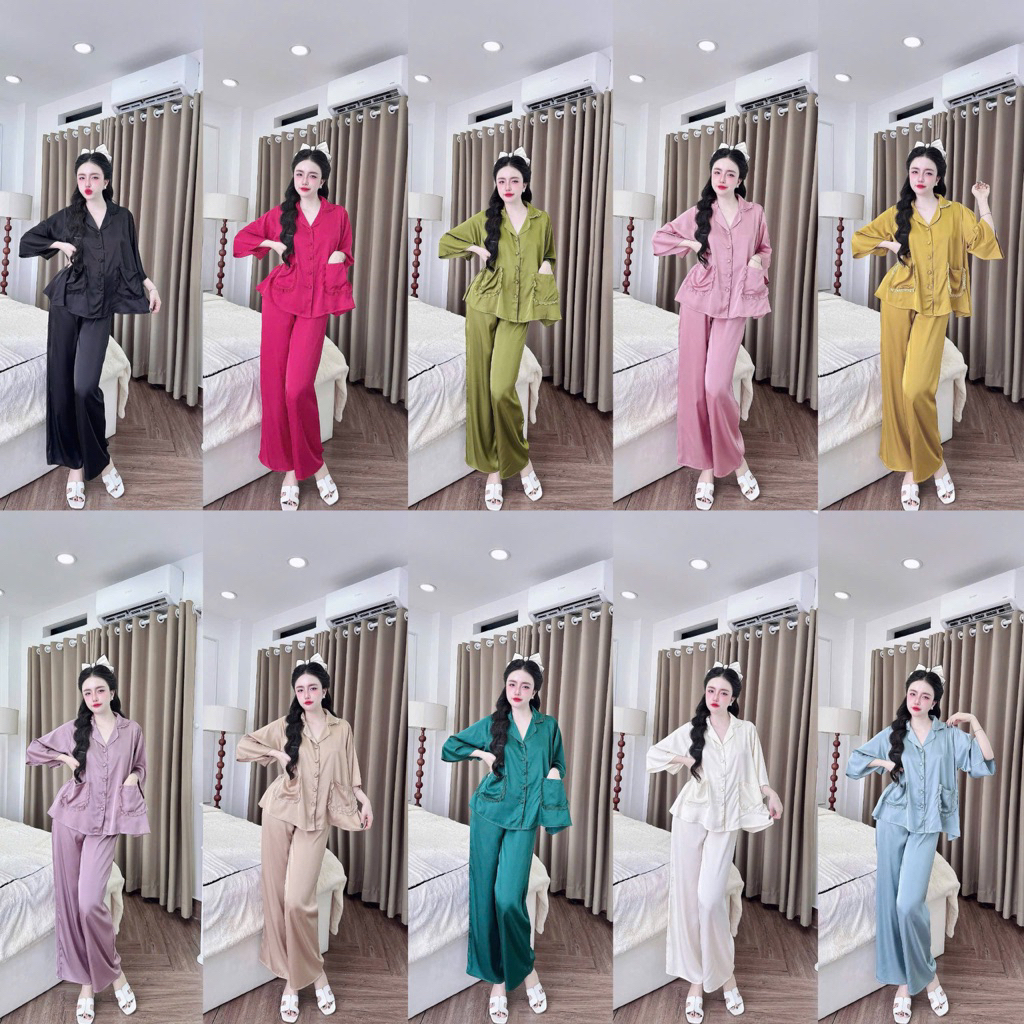 45-65kg Bộ pijama tiểu thư phối bèo tay loe 2 túi áo lụa mịn latin mát