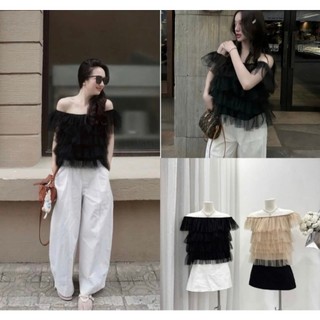 Áo lưới trễ vai tầng có lót, áo ren 4 tầng nâu xinh xỉu phong cách Hàn quốc LAVIAN A73