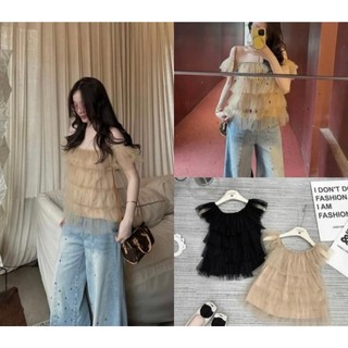 Áo lưới trễ vai tầng có lót, áo ren 4 tầng nâu xinh xỉu phong cách Hàn quốc LAVIAN A73