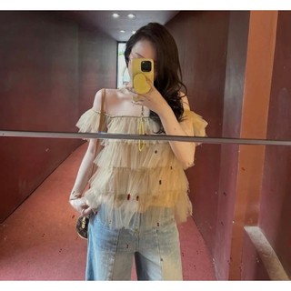 Áo lưới trễ vai tầng có lót, áo ren 4 tầng nâu xinh xỉu phong cách Hàn quốc LAVIAN A73