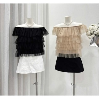 Áo lưới trễ vai tầng có lót, áo ren 4 tầng nâu xinh xỉu phong cách Hàn quốc LAVIAN A73