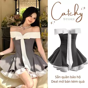 Đầm dự tiệc trễ vai phối nơ ôm eo dáng ngắn xoè viền voan xoăn tôn dáng sang chảnh CATCHYstore phong cách tiểu thư xinh