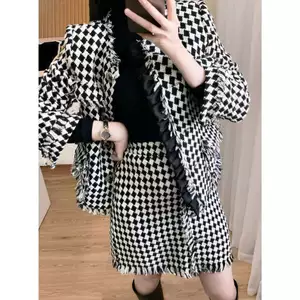 Set dạ tweed: áo khoác + chân váy dáng A A2192