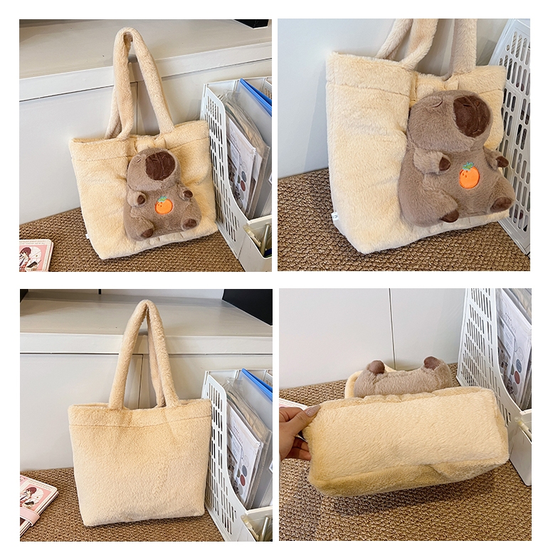 Túi đeo vai capybara dung tích lớn chất liệu vải nhung cao cấp, Túi xách gấu bông hình capybara dùng đi làm đi chơi