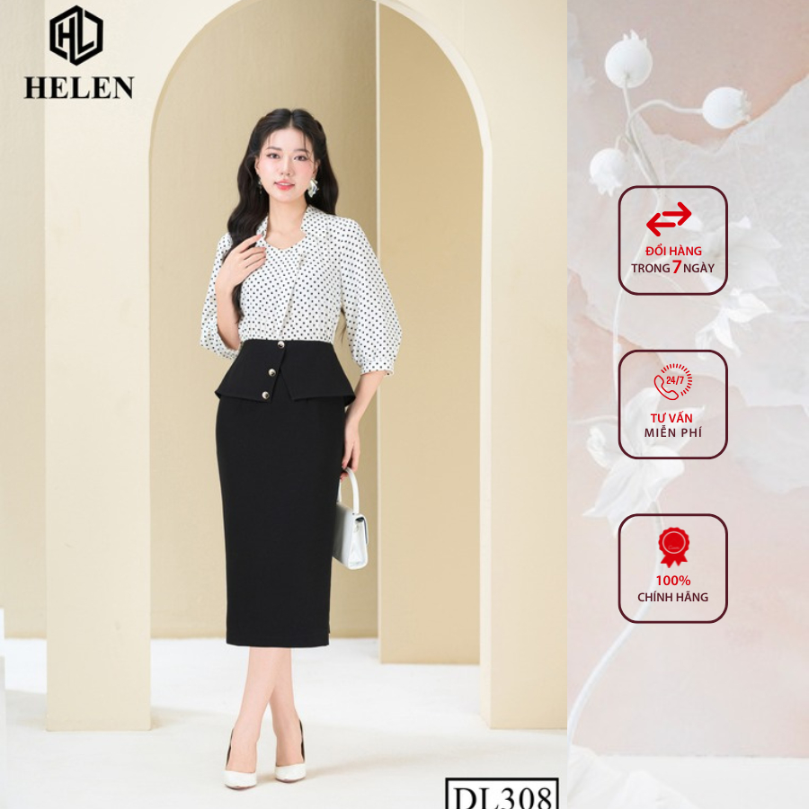 Đầm công sở HELEN thiết kế dáng ôm chấm bi đen phối trắng DL308