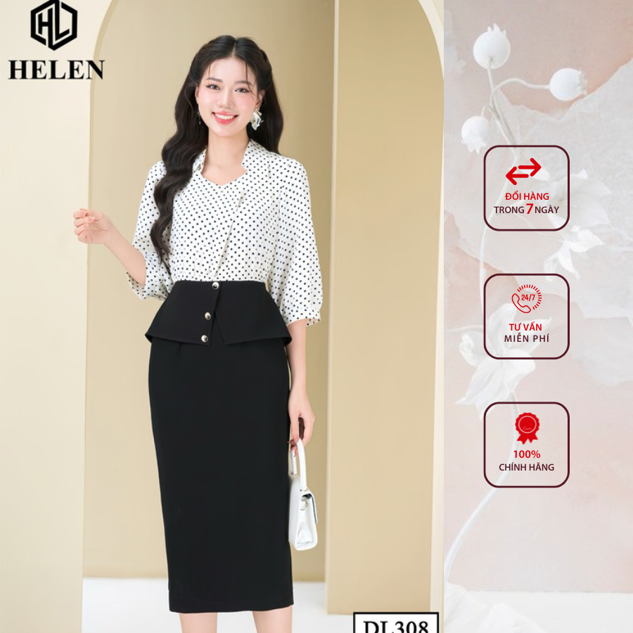 Đầm công sở HELEN thiết kế dáng ôm chấm bi đen phối trắng DL308
