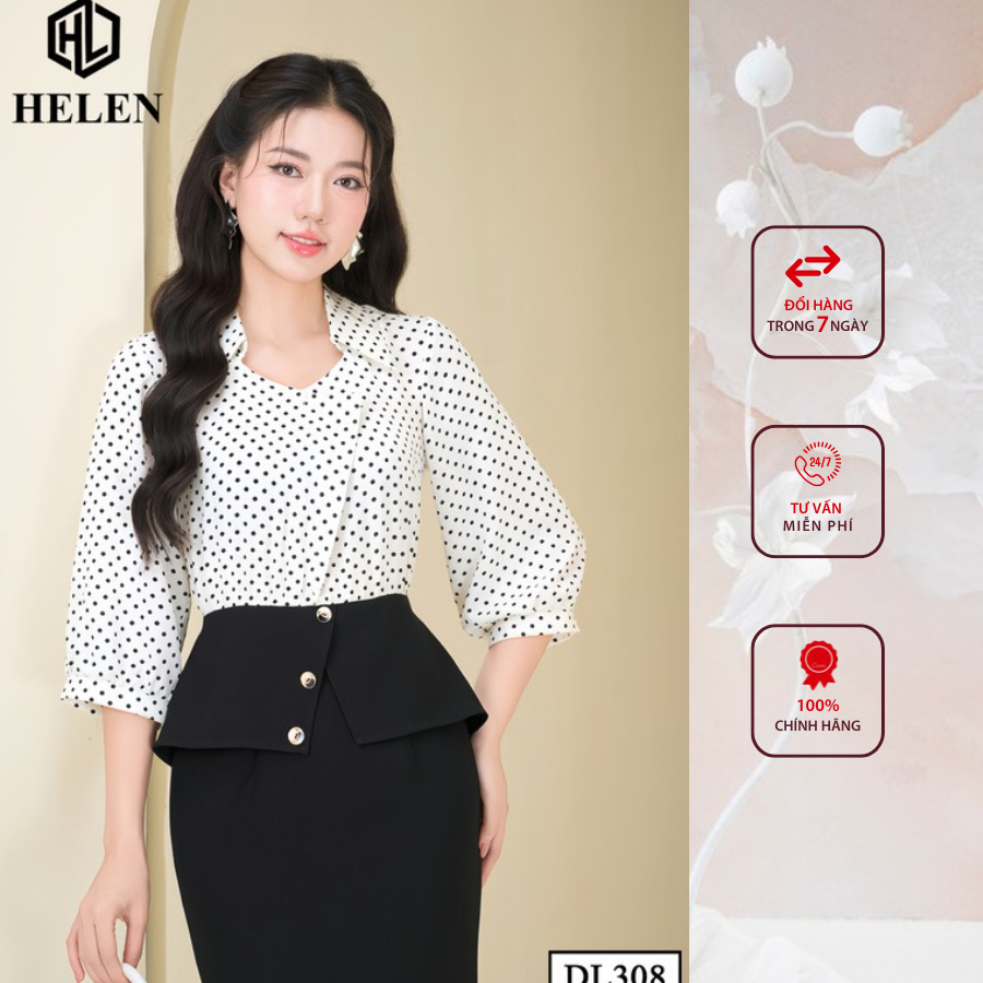 Đầm công sở HELEN thiết kế dáng ôm chấm bi đen phối trắng DL308