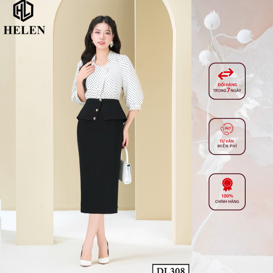 Đầm công sở HELEN thiết kế dáng ôm chấm bi đen phối trắng DL308