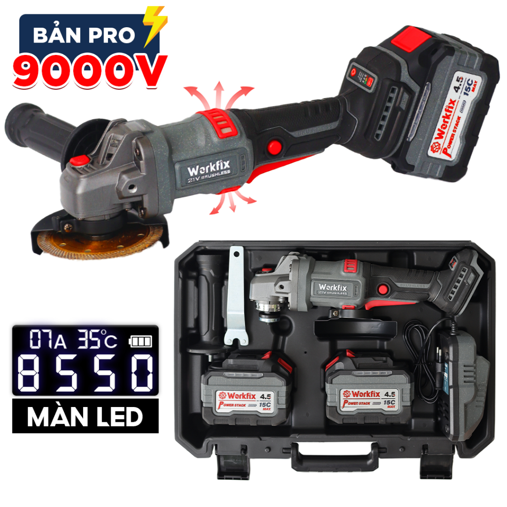 [TẶNG ĐĨA CẮT] Máy mài góc Workfix WF-AG9000ATC - 5 Tính Năng Thông Minh, Có Màn Led, Chuyên Cắt, Cưa, Mài