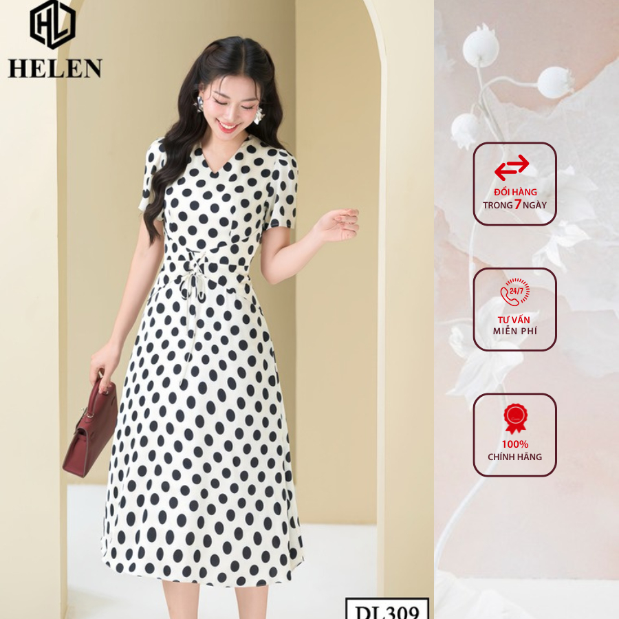 Đầm công sở HELEN thiết kế dáng xòe kem chấm bi to cổ V thắt nơ eo DL309