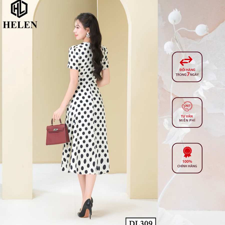 Đầm công sở HELEN thiết kế dáng xòe kem chấm bi to cổ V thắt nơ eo DL309