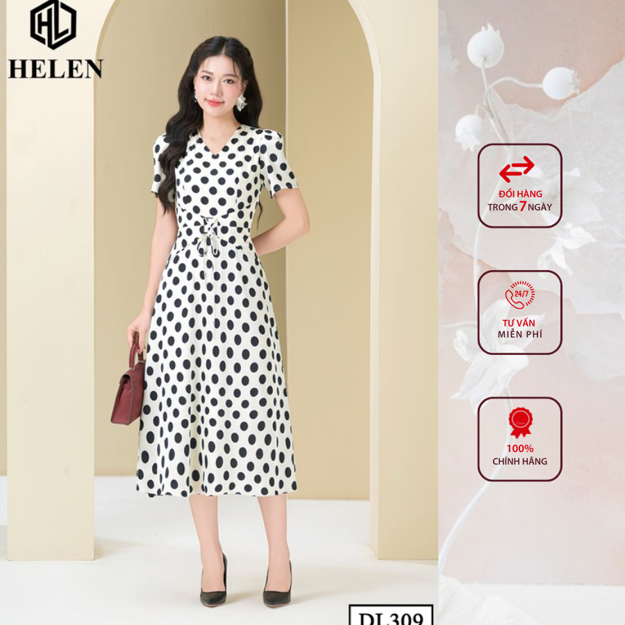 Đầm công sở HELEN thiết kế dáng xòe kem chấm bi to cổ V thắt nơ eo DL309