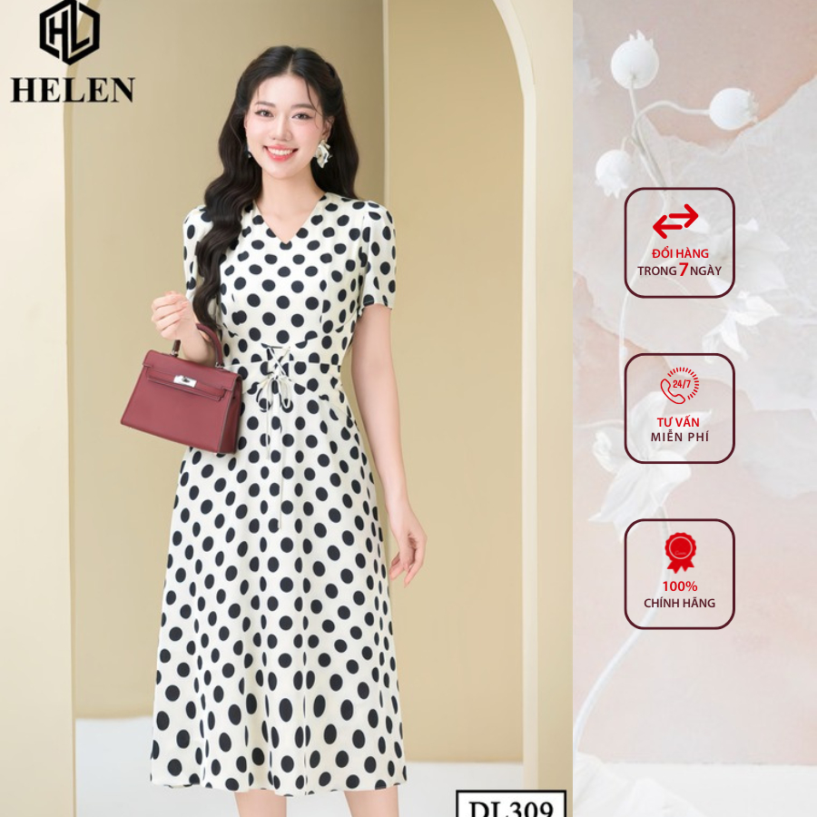 Đầm công sở HELEN thiết kế dáng xòe kem chấm bi to cổ V thắt nơ eo DL309