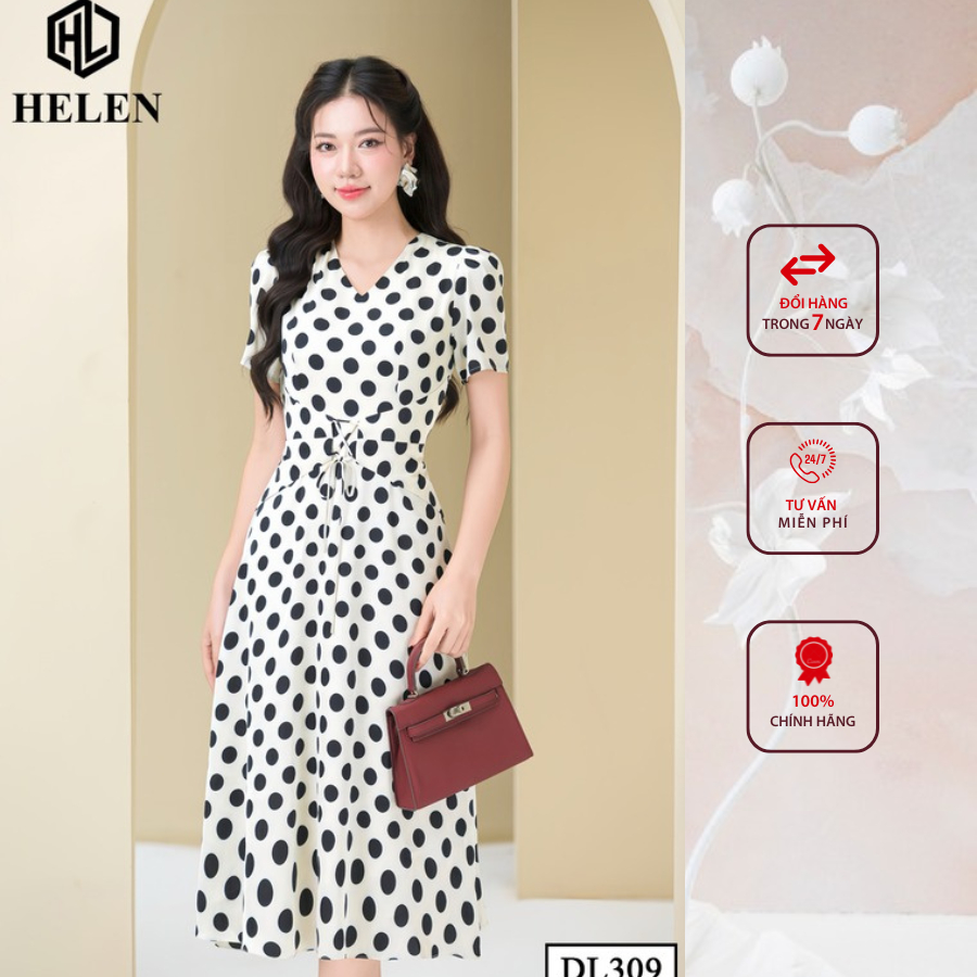 Đầm công sở HELEN thiết kế dáng xòe kem chấm bi to cổ V thắt nơ eo DL309
