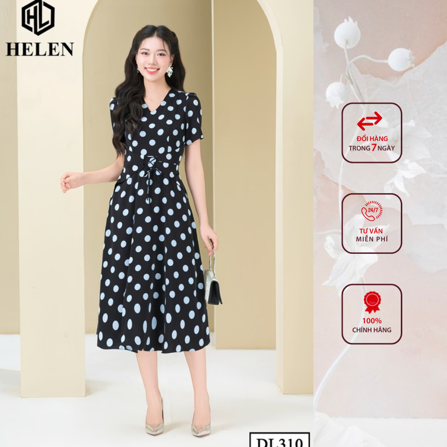 Đầm công sở HELEN thiết kế dáng xòe đen chấm bi to cổ V thắt nơ eo DL310