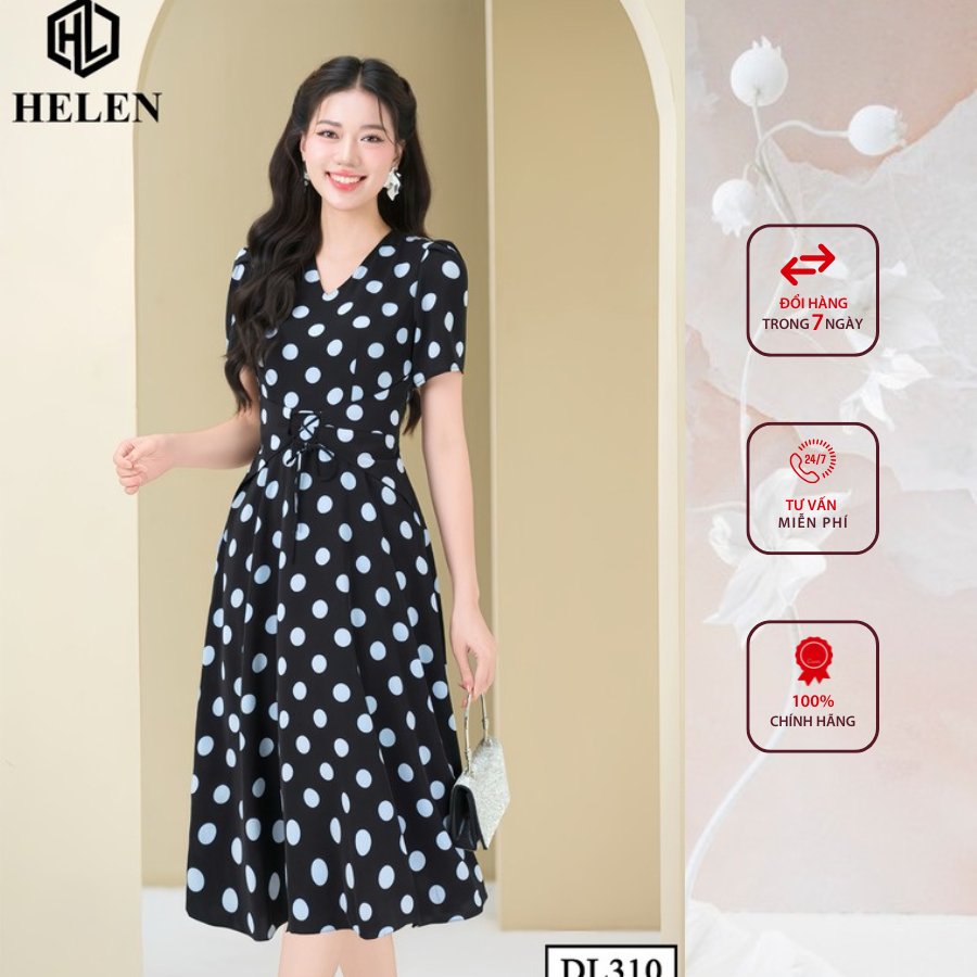 Đầm công sở HELEN thiết kế dáng xòe đen chấm bi to cổ V thắt nơ eo DL310
