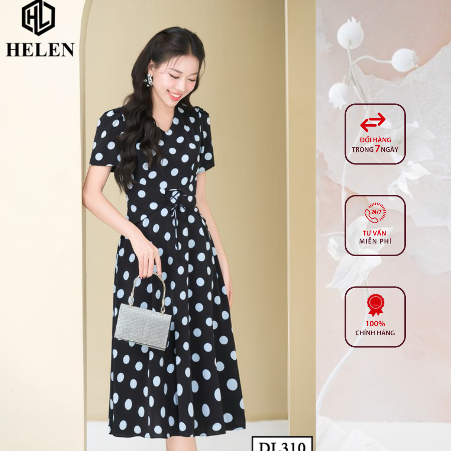 Đầm công sở HELEN thiết kế dáng xòe đen chấm bi to cổ V thắt nơ eo DL310